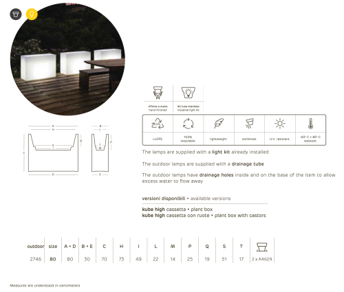 Buiten bloempot Kube light plant box 80x30xh70cm wit met verlichting made by Euro3Plast